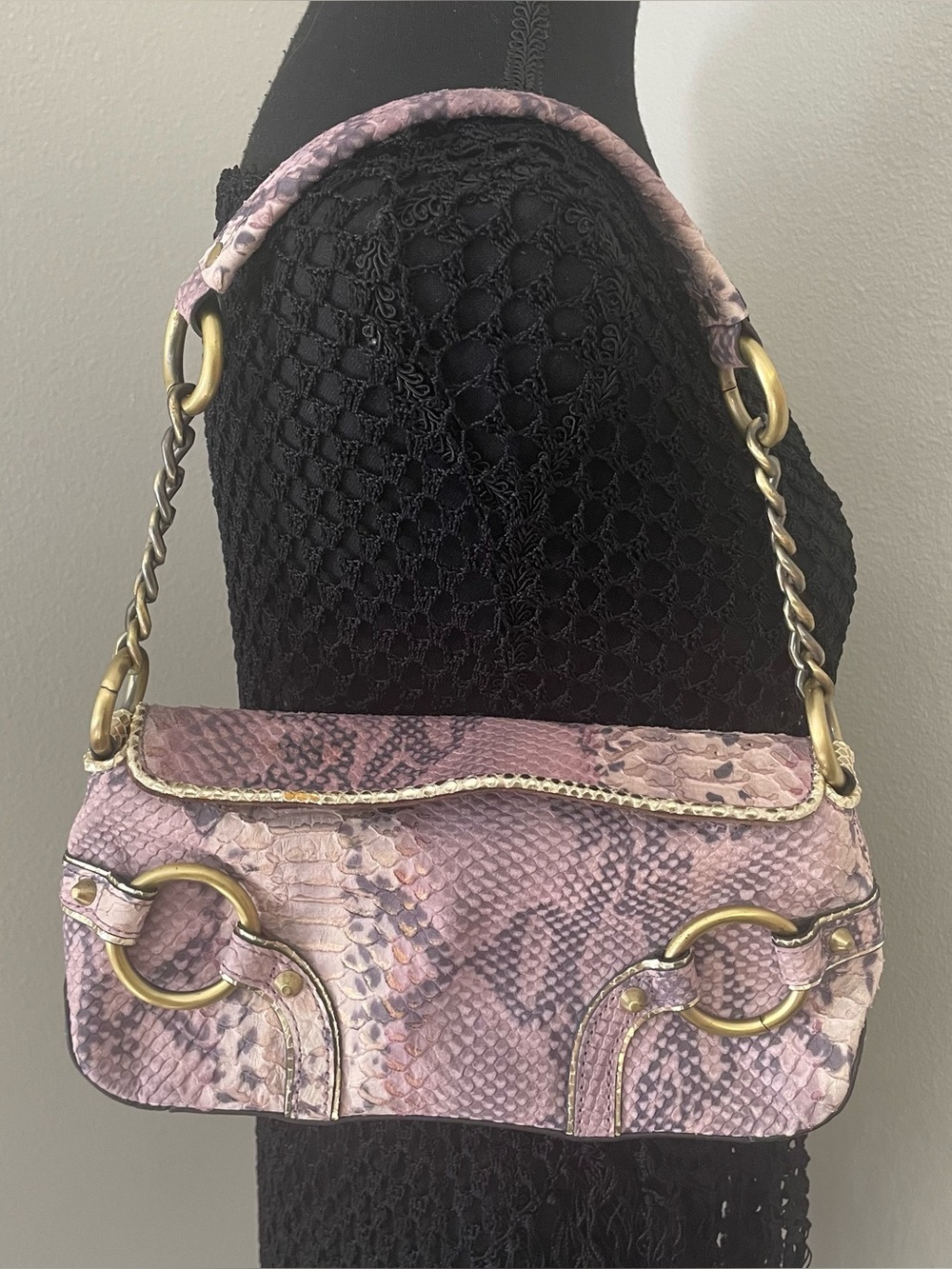 VTG ADRIENNE VITTADINI Snakeskin Leather Shoulder Bag Demi Baguette Y2K Style